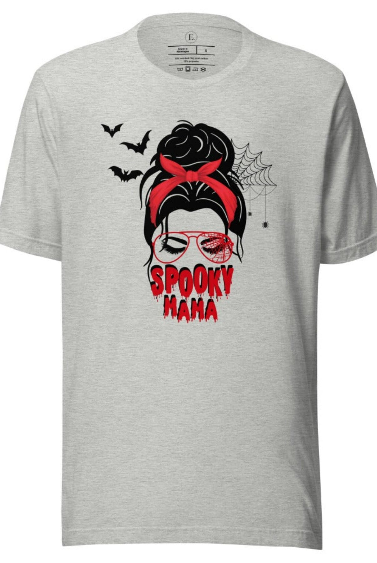 "Spooky Mama" messy bun Halloween T-shirt on athletic heather grey colored t-shirt.