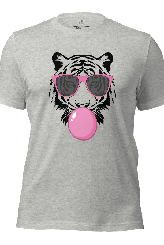 Bubble blowing tiger wearing pink sunglasses on a athletic heather grey colored shirt. 
