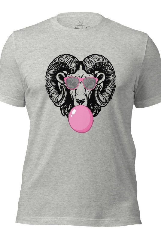 A ram blowing bubble gum with sunglasses on on a athletic heather grey colored shirt.