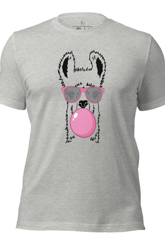 Llama wearing pink sunglasses blowing a bubble gum bubble on a athletic heather grey colored shirt.