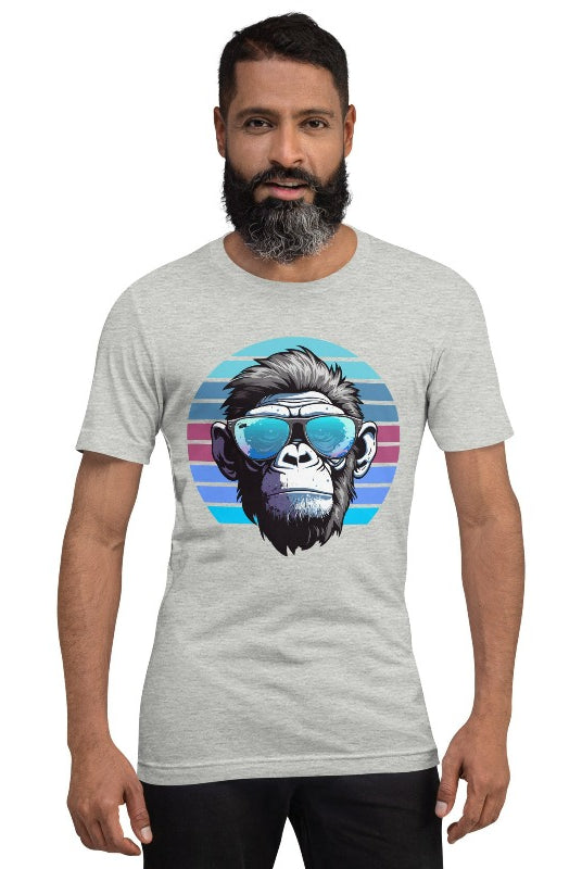 Hyper-realistic gorilla wearing sunglasses with a retro blue horizon behind on a athletic heather grey colored shirt.
