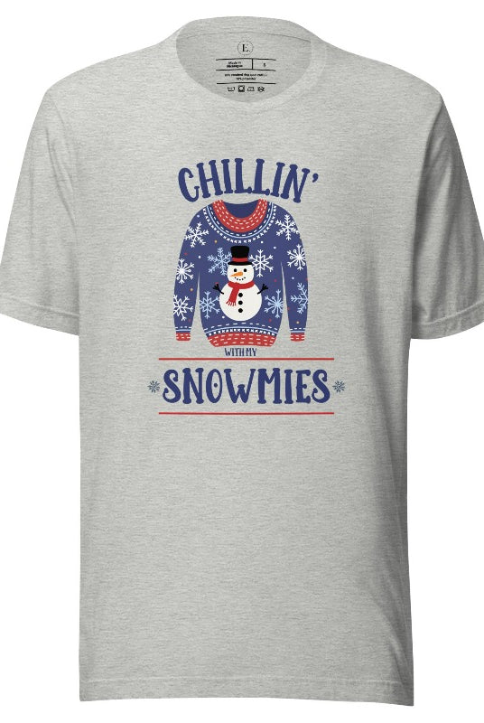 Get into the holiday spirit with our adorable Christmas sweater featuring a snowman and the playful phrase "Chillin' with my Snowmies" on athletic heather grey colored shirt.