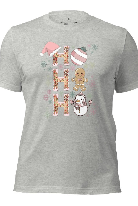 Add a whimsical touch to your holiday wardrobe with our gingerbread "Ho Ho Ho" Christmas shirt on a athletic heather grey colored shirt.
