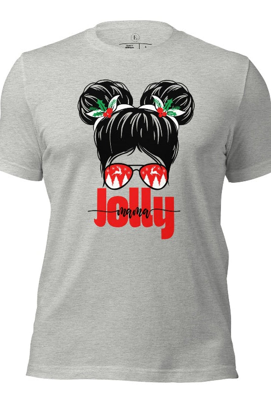 Get into the holiday spirit with our "Jolly Mama" Christmas Shirt! Featuring a stylish mom rocking pigtail buns and festive Christmas Sunglasses on a athletic heather grey colored shirt.