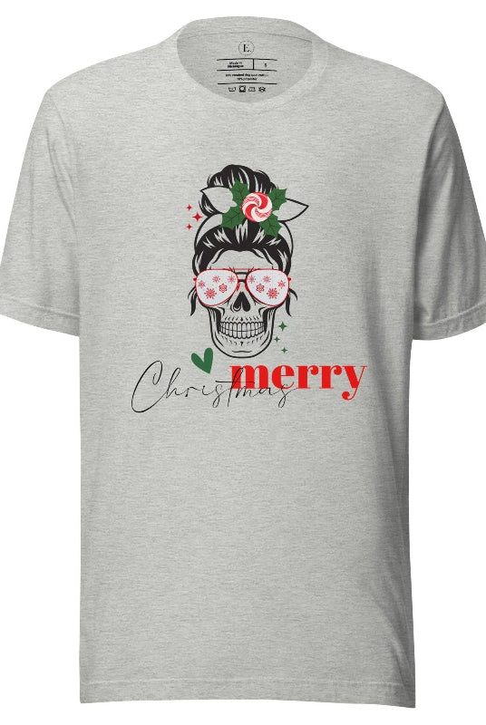 Get into the festive spirit with our Merry Christmas messy bun skull shirt design on a athletic heather grey colored shirt.