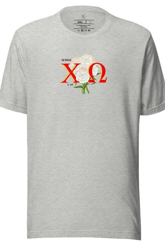 Show off your Chi Omega spirit with our stunning sorority t-shirt design! This shirt is designed with the sorority letters and a beautiful white carnation on an athletic heather grey shirt. 