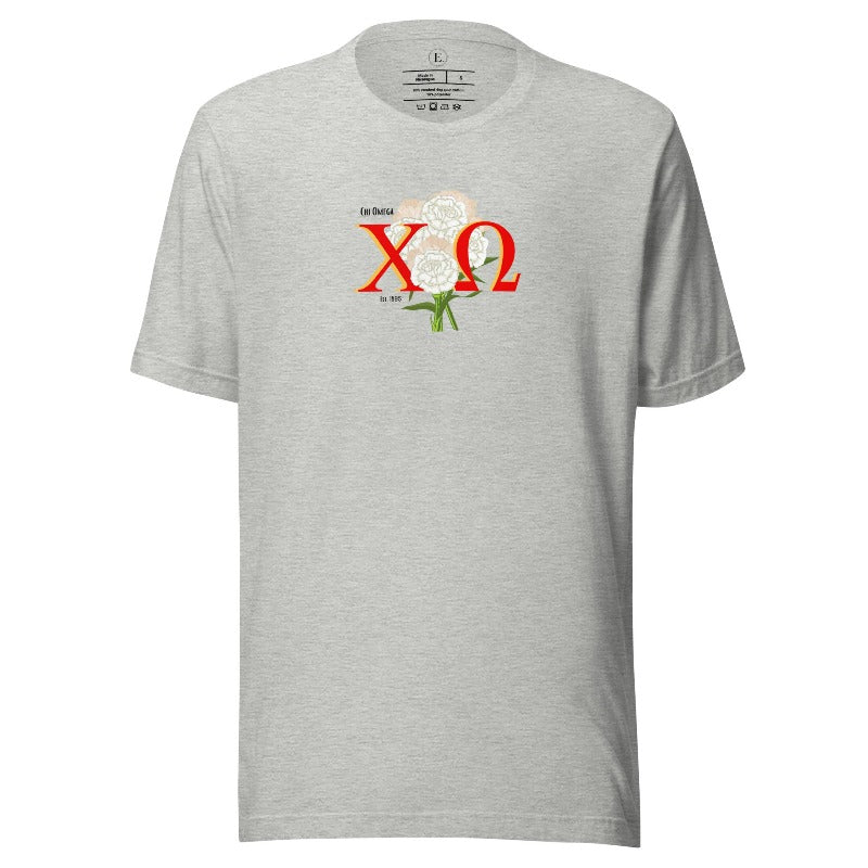 Show off your Chi Omega spirit with our stunning sorority t-shirt design! This shirt is designed with the sorority letters and a beautiful white carnation on an athletic heather grey shirt. 