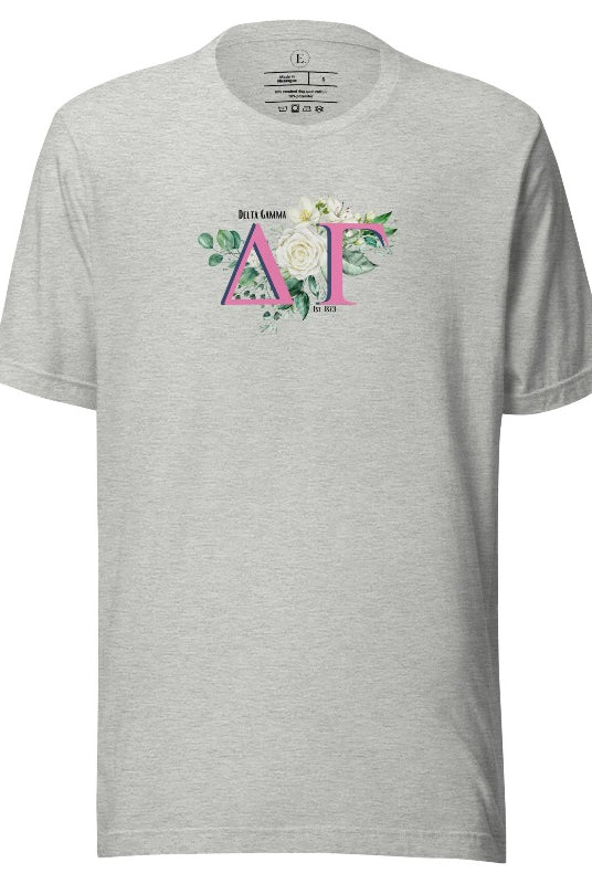 Display your Delta Gamma pride with our sorority t-shirt design! Featuring the sorority letters and the exquisite cream rose on a athletic heather grey shirt. 