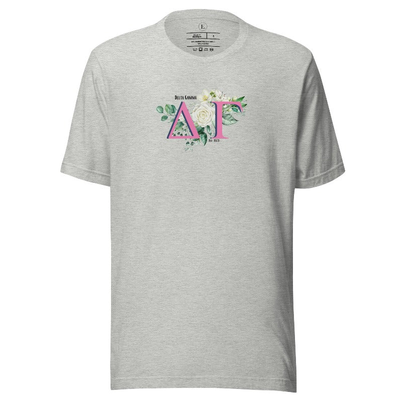 Display your Delta Gamma pride with our sorority t-shirt design! Featuring the sorority letters and the exquisite cream rose on a athletic heather grey shirt. 