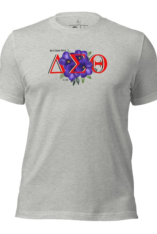 Show off your Delta Sigma Theta sisterhood with our exclusive sorority t-shirt design! The t-shirt features the sorority's letters along with the vibrant African violet, symbolizing empowerment, strength, and courage on an athletic heather grey shirt. 