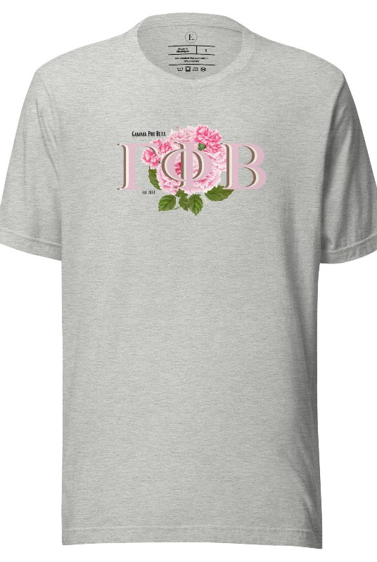 Are you looking for a way to show off your Gamma Phi Beta pride? Look no further than our sorority t-shirt design! Our shirts feature the sorority letters and a beautiful pink carnation, representing the values of sisterhood and beauty that Gamma Phi Beta stands for on an athletic heather grey shirt. 