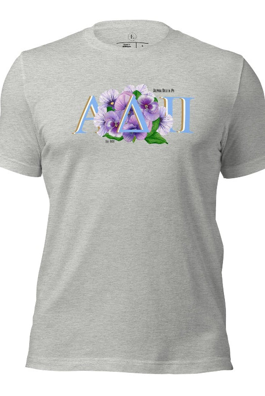 Show your Alpha Delta Pi pride with our stylish t-shirt featuring the sorority letters and the iconic violet, their symbolic flower on an athletic heather grey shirt. 