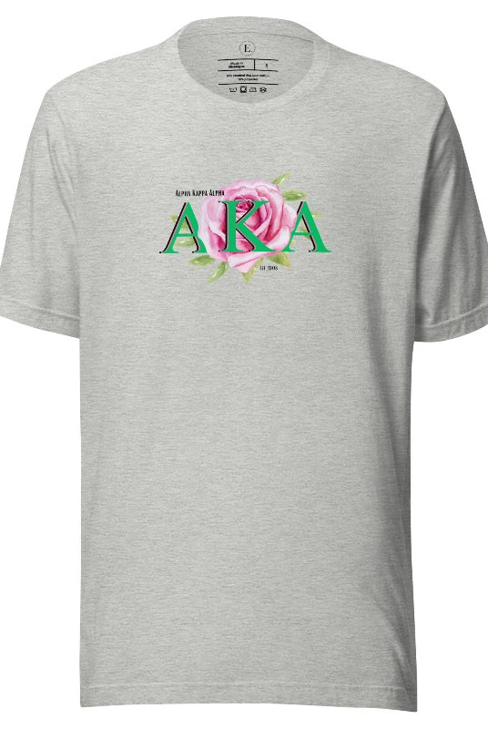 Show off your Kappa Alpha Kappa sisterhood with our stunning t-shirt featuring the sorority letters and the graceful pink tea rose on an athletic heather grey shirt. 