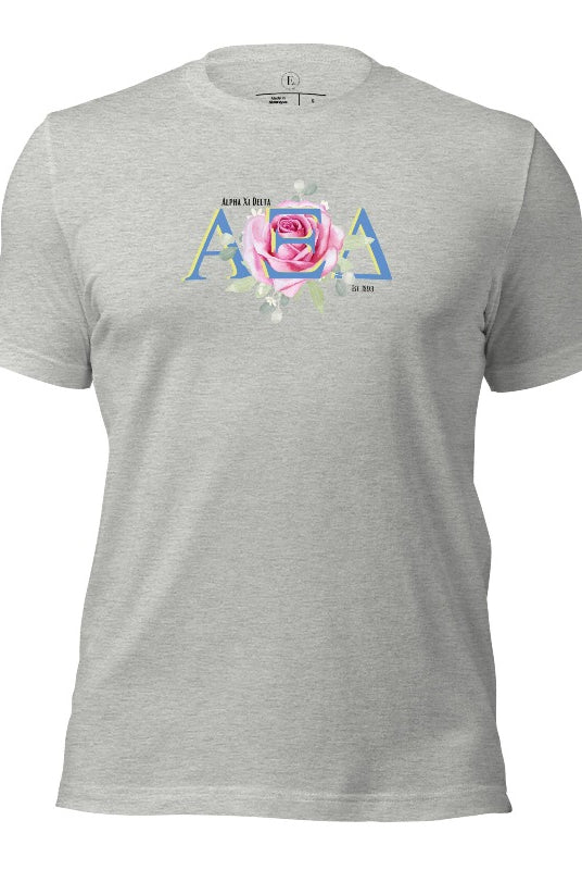 Show your Alpha Xi Delta pride with our stylish t-shirt featuring the sorority's letters and iconic pink rose on an athletic heather grey shirt. .