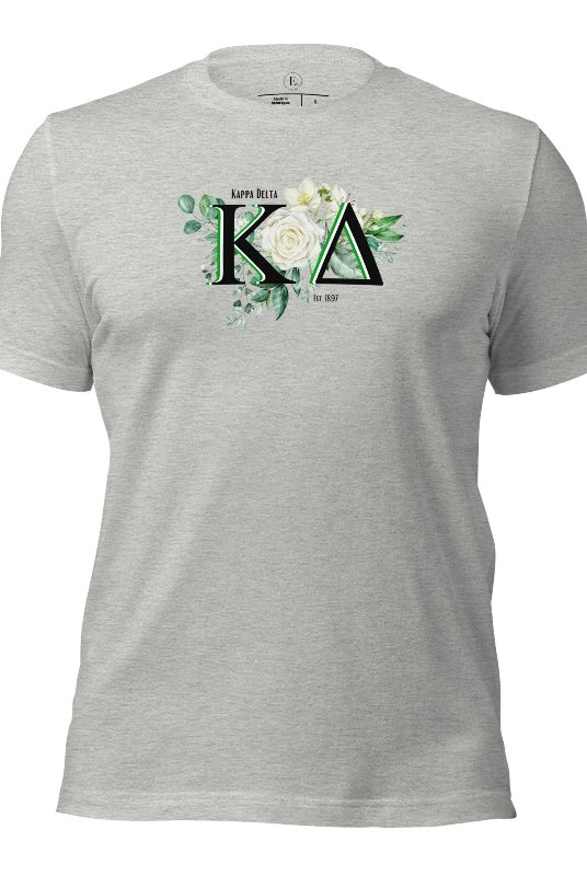 Elevate your Kappa Delta sisterhood with our stunning t-shirt, featuring the sorority letters and the elegant white rose on an athletic heather grey shirt. 