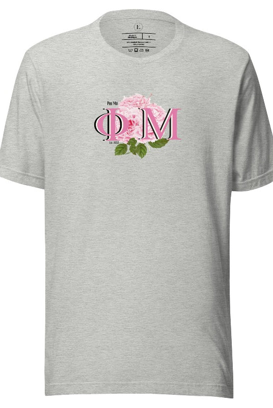 Looking for a stylish t-shirt to elevate your Phi Mu sisterhood? Our design features the sorority letters and beautiful pink carnations on an athletic heather grey shirt. 