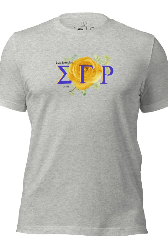 Looking for a stylish way to show your pride for Sigma Gamma Rho? Our stunning t-shirt features the sorority letters and a vibrant yellow tea rose on an athletic heather grey shirt. 