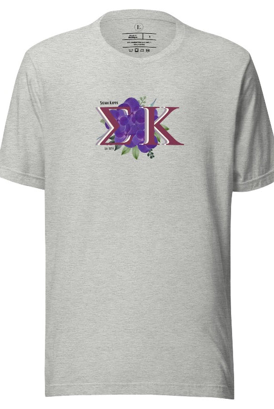 Looking for a way to showcase your Sigma Kappa pride? Look no further than our stylish t-shirt, featuring the sorority's iconic letters and the enchanting wild purple violets on an athletic heather grey shirt. 
