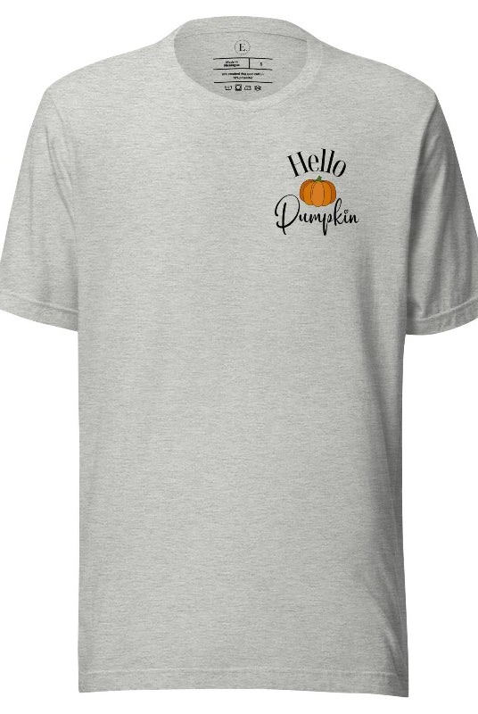 Say hello to autumn with our adorable t-shirt. It features a pumpkin on the front pocket and the playful phrase 'Hello Pumpkin,' this design captures the spirit of the season on an athletic heather grey shirt. 