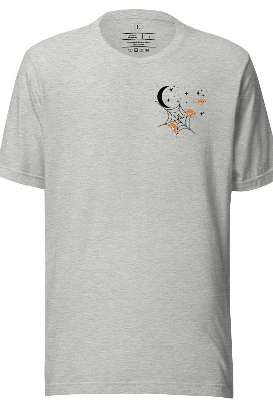 Embrace the enchanting night sky with our captivating t-shirt. Featuring a crescent moon, stars, and a spiderweb with three adorable spiders hanging down on the front pocket on an athletic heather grey shirt. 