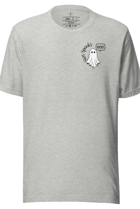 Get into the Halloween spirit with our spooktacular t-shirt. Featuring a friendly ghost holding a sign that says 'Boo' and the playful phrase "Stay Spooky" on an athletic heather grey shirt. 