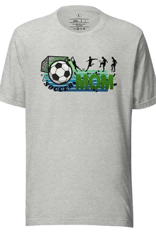 Support your soccer star on and off the field with our Soccer Mom t-shirt. Crafted with soft, breathable fabric, this shirt ensures comfort all day long. It's trendy design showcases your love for the game and your role as a proud soccer mom on an athletic heather grey shirt. 