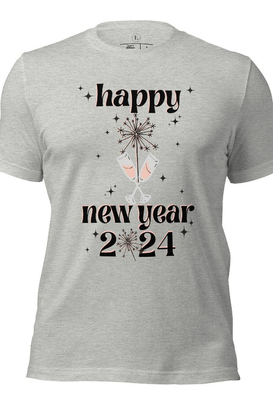 Welcome 2024 in sparkling style with our 'Happy New Year 2024' shirt. Adorned with two clinking champagne glasses amidst fireworks on an athletic heather grey shirt. 