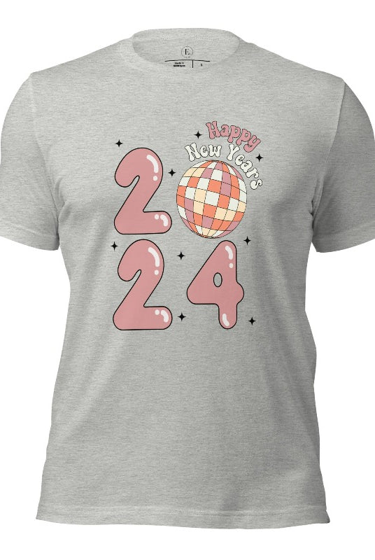 Step into the new year in dazzling style with our 'Happy New Year 2024' shirt. Featuring a shimmering disco ball as the '0' this eye catching design exudes festivity and fun on an athletic heather grey shirt. 