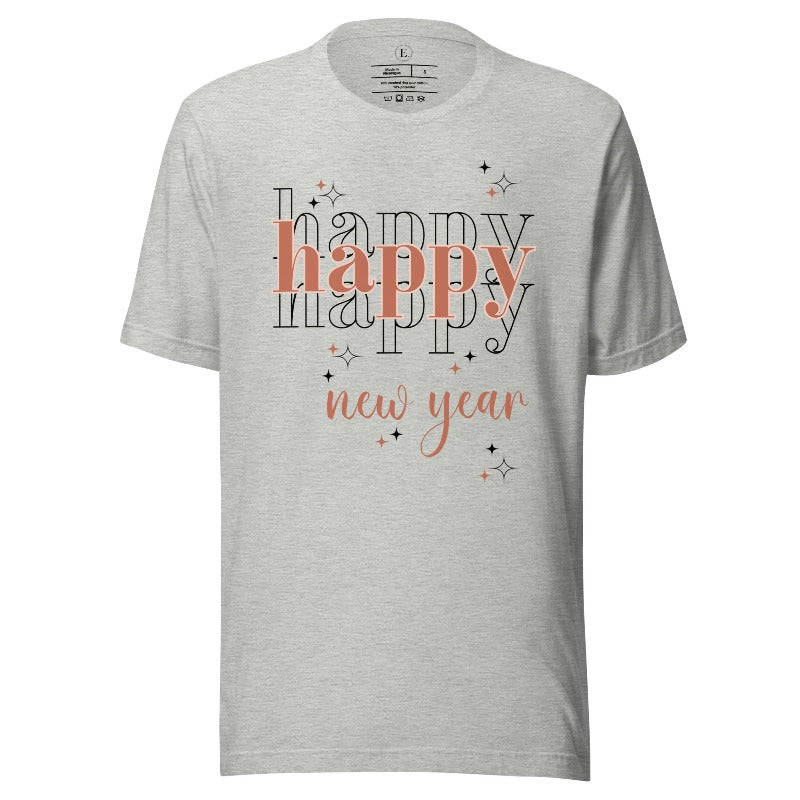Celebrate in style with our 'Happy Happy Happy New Year' shirt. Embrace the joy of the season with this vibrant design, perfect for ringing in the new year. Crafted with comfort in mind and bursting with festive cheer, on an athletic heather grey shirt. 
