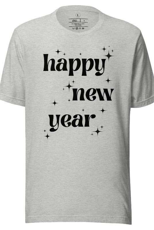 Ring in the New Year with our stunning Happy New Year shirt featuring captivating modern star designs on an athletic heather grey shirt. 