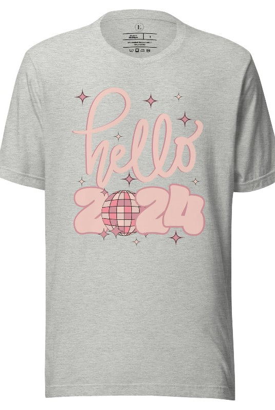 Say hello to 2024 in style with our exclusive 'Hello 2024' shirt. This sleek design captures the essence of new beginnings, on an athletic heather grey shirt. 
