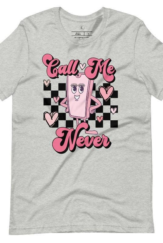 Step back in time with our retro Valentine's Day shirt. Featuring a quirky cell phone person, this tee adds a playful twist to the season of love on an athletic heather grey shirt. 