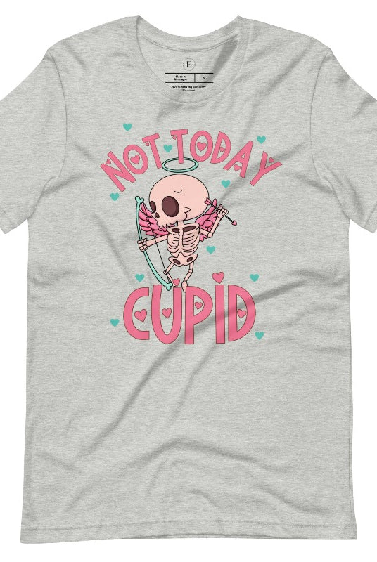 Unleash your rebellious spirit this Valentine's Day with our edgy shirt featuring a skeleton Cupid. The bold "Not Today Cupid" message adds a touch of attitude, making this tee a standout choice for those who march to the beat of their own drum on an athletic heather grey shirt. 