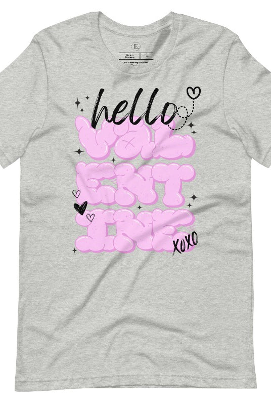 Make a bold statement this Valentine's Day with our street-style graffiti tee! Featuring "Hello Valentine" In eye-catching bubble lettering, on a an athletic heather shirt. 