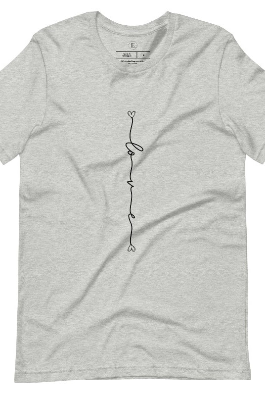 Elevate your everyday look with with our modern and trendy simple shirt, featuring the word "Love" elegantly displayed horizontally down the center of an athletic heather grey shirt. 