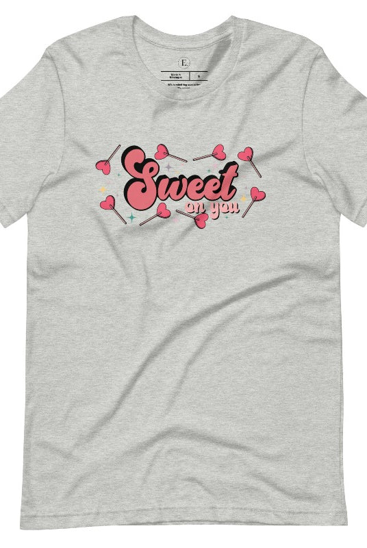 Spread the love with our charming Valentine's Day shirt featuring the endearing phrase " Sweet on You" surrounded by heart lollipops on an athletic heather grey shirt. 