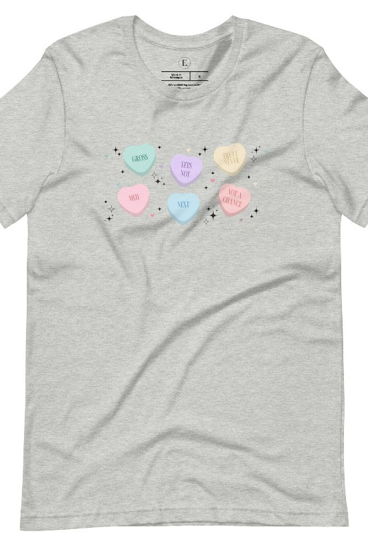 Embrace a humorous take on Valentine's Day with our shirt featuring candy hearts with unconventional messages like "Gross," "Not a Chance," "Next," "Truly Never," "Meh," "Not a Chance," and "Let's Not" on an athletic heather grey shirt. 