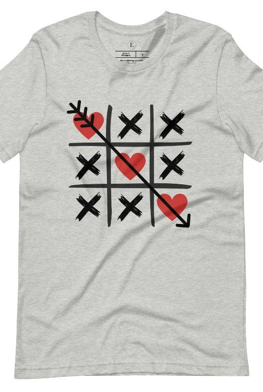 Add a playful twist to Valentine's Day with our Tic-Tac-Toe shirt featuring exes and three hearts. The winning move, an arrow through the three hearts, adds a cheeky touch to this fun and stylish athleticheather grey shirt. 