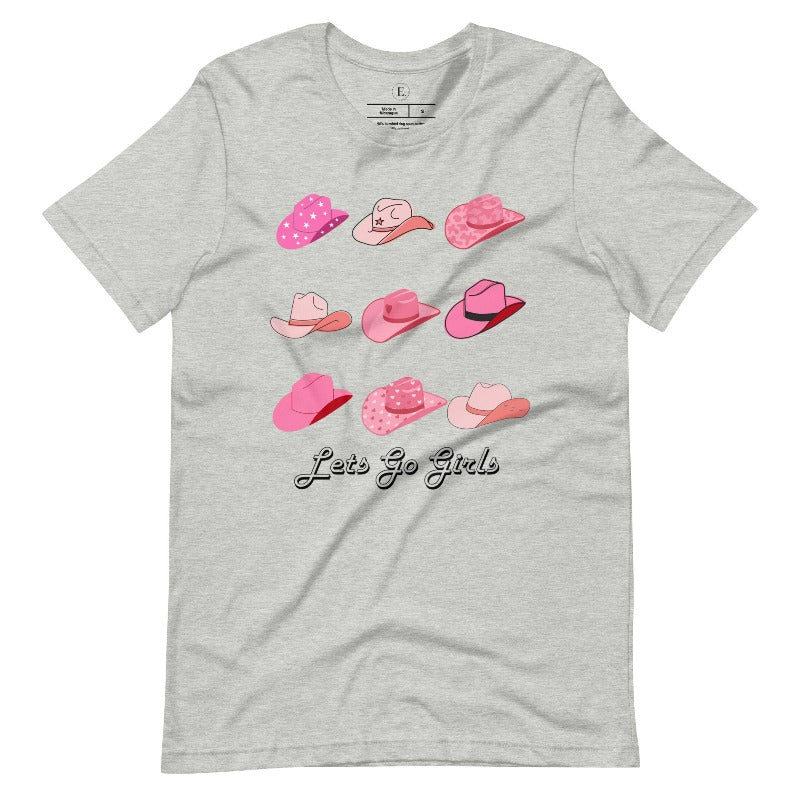 Get ready to wrangle in style with our country western shirt collection. Featuring a variety of pink cowboy hats and the classic phrase "Let's Go Girls," on a athletic heather grey shirt. 
