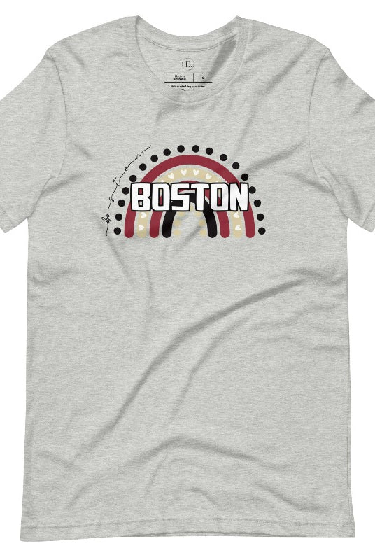 Show off your pride with this Boston College t-shirt. The iconic BC school colors stands out in this modern and trendy rainbow background, representing the school spirit. With the classic Boston wordmark across the rainbow on an athletic heather grey shirt. 