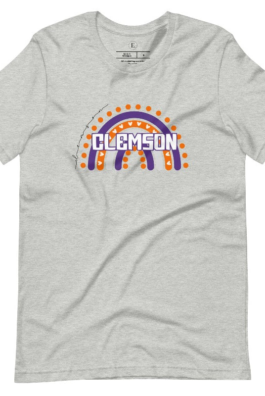 Celebrate your love for Clemson University with our colorful college t-shirt that showcases the beautiful Clemson colors that creates a stunning rainbow backdrop, with the schools name atop a ash shirt. 