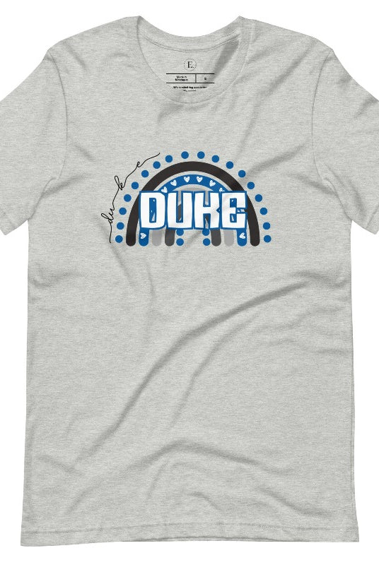 Celebrate diversity and show your support for Duke University with our eye-catching college t-shirt. Our shirt features the Duke colors on a captivating rainbow design, embodying the spirit of inclusion and unity with the iconic Duke wordmark atop the rainbow on an athletic heather grey shirt. 