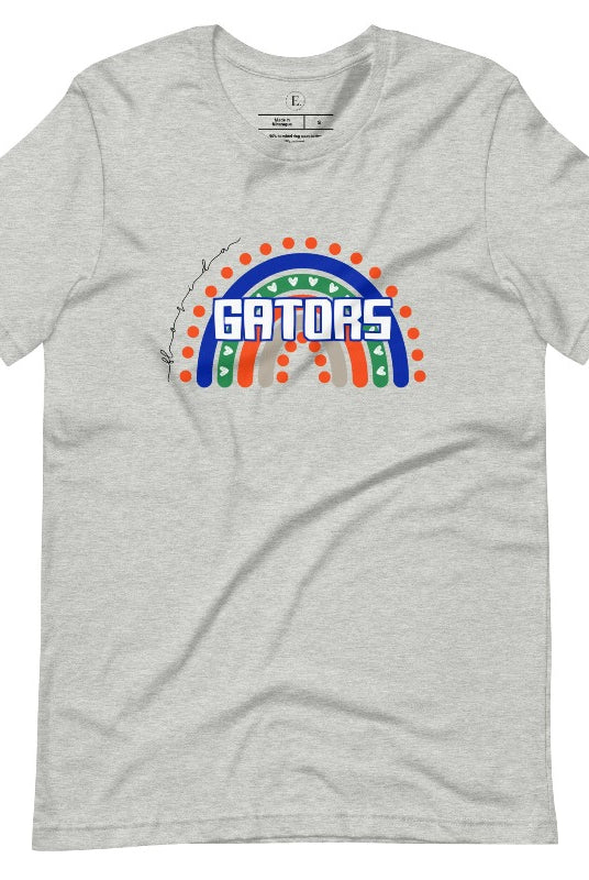 Show off your UF spirit in style with this boho-inspired t-shirt from the University of Florida. The UF colors stands out on this vibrant rainbow background, displaying the school's mascot name in a trendy and unique way on an athletic heather grey shirt. 