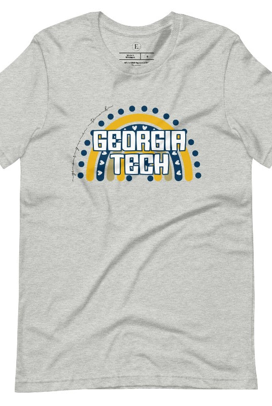 Elevate your Georgia Tech pride with this boho-inspired university t-shirt. The Georgia Tech colors shine through on a vibrant rainbow background, showcasing the school's name in a trendy and unique way on an athletic heather grey shirt. 