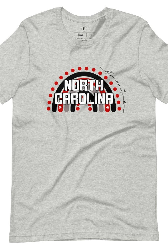 Looking for a way to show off your vibrant spirit? Look no further than this NC State University t-shirt. The NC State colors shine on a boho rainbow backdrop, representing the iconic North Carolina wordmark in a unique and trendy way on an athletic heather grey shirt. 