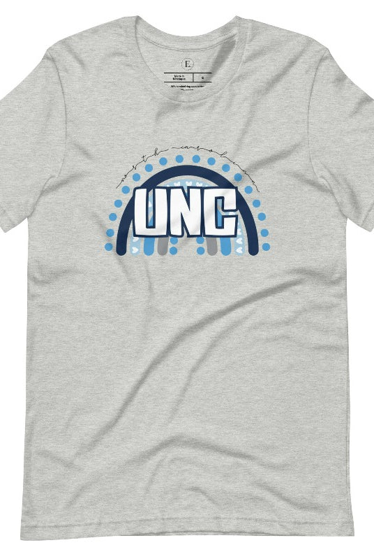 Check out this eye-catching t-shirt designed, featuring the iconic UNC letters set against a vibrant rainbow backdrop. Not only does it let you show off your school spirit, it also sends a trendy and powerful school spirit vibe on an athletic heather grey shirt. 