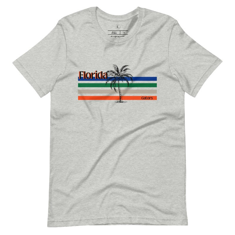 Celebrate your love for the Florida Gators with our modern-inspired retro t-shirt. It captures the essence of campus life, featuring school colors in lines and a palm tree motif on an athletic heather grey shirt. 