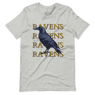 Fly high with our Bella Canvas 3001 unisex tee showcasing the spirited 'Ravens Ravens Ravens Ravens' design and a majestic Raven illustration on an athletic heather  grey shirt. 