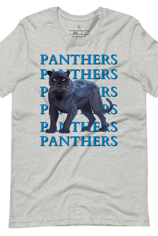 Show your Panthers pride with our Bella Canvas 3001 unisex graphic t-shirt featuring the dynamic 'Panthers Panthers Panthers Panthers' design, complete with a fierce black panther illustration on an athletic heather grey shirt. 