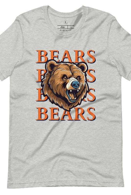 Roar into the game day spirit with our Bella Canvas 3001 unisex graphic tee! Unleash your love for the Chicago Bears with our exclusive design featuring a fierce bear illustration and the spirited mantra "Bears Bears Bears Bears" on an athletic heather grey shirt. 